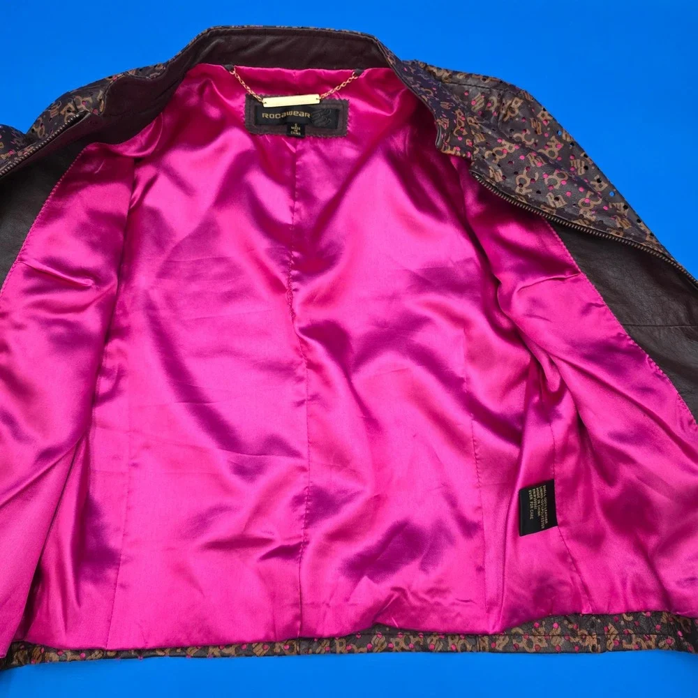 Rocawear Leather Jacket Moto‎ Brown Pink ROC Logo Streetwear Womens Y2K VTG